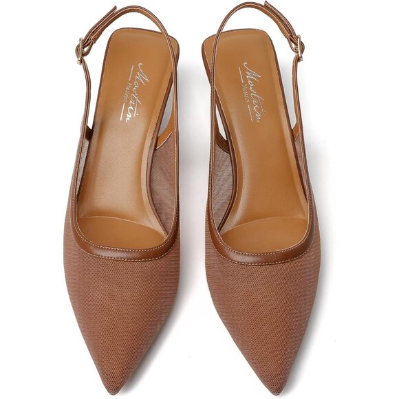 Mostrin Kitten Heel Brown Mesh Low Slingback Heels with Buckle Dress Shoes - Picture 8 of 9
